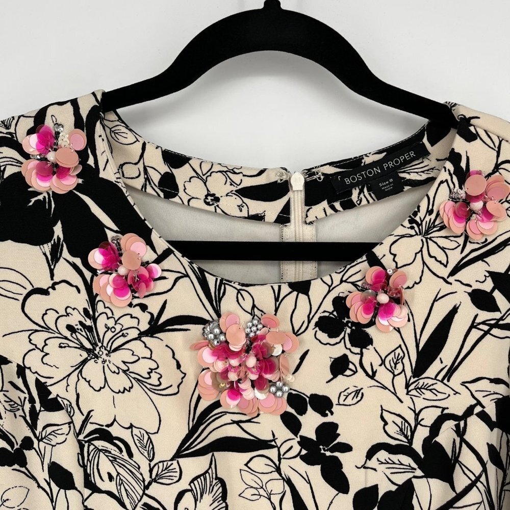 Boston Proper Womens Floral Midi Dress Size 8 Black Cream Embroidered Flutter